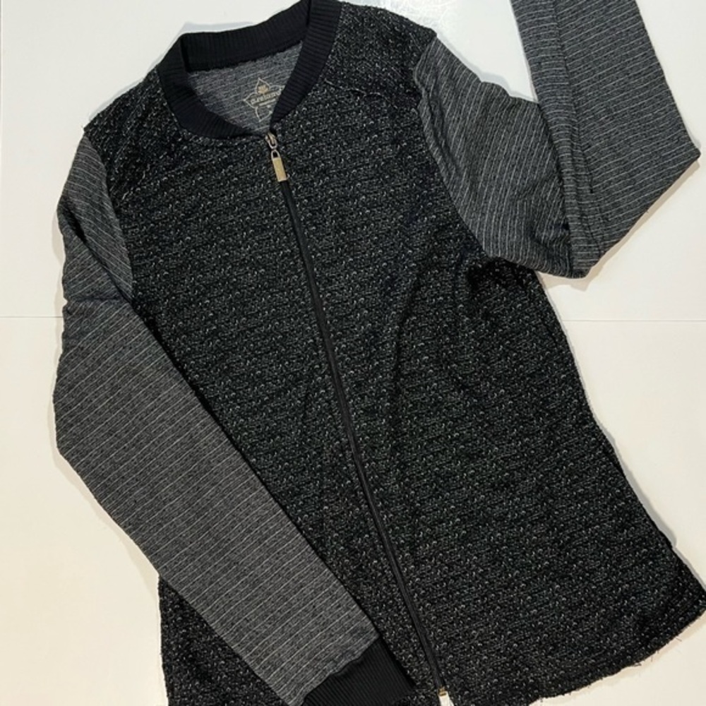 Pure Karma Speckled Marled Black Knit Front Zip Cardigan Pockets Cotton Blend XL